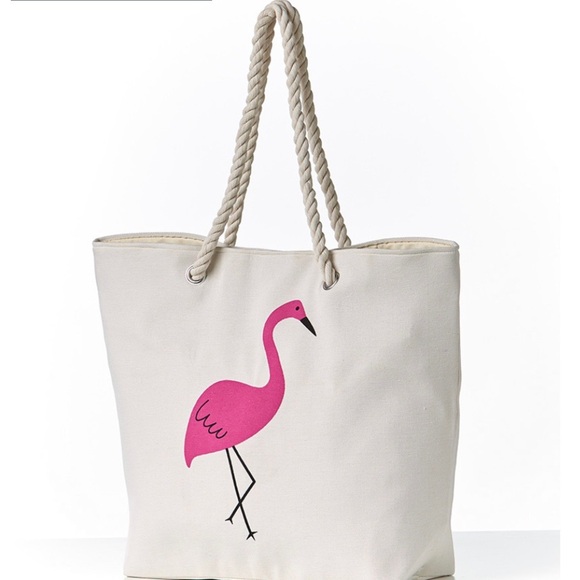 NWT Pink Flamingo Big Canvas Tote Bag with Rope Handle - Picture 1 of 4
